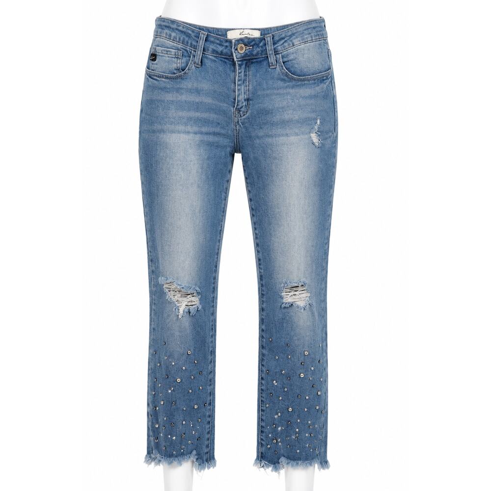 KanCan Rhinestone Distressed Capri Crop Jeans Frayed Hem Y2K Festival Size 7